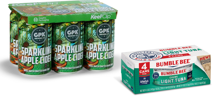 Left to right: The recyclable KeelClip keeps can tops clean. Sustainable tuna packaging—there’s nothing fishy about this smart shrink-wrap substitute.