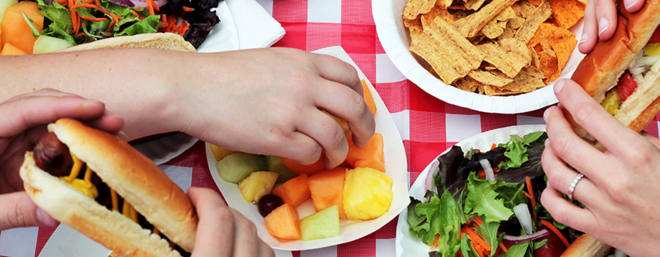 Picnic full of food served on paper plates