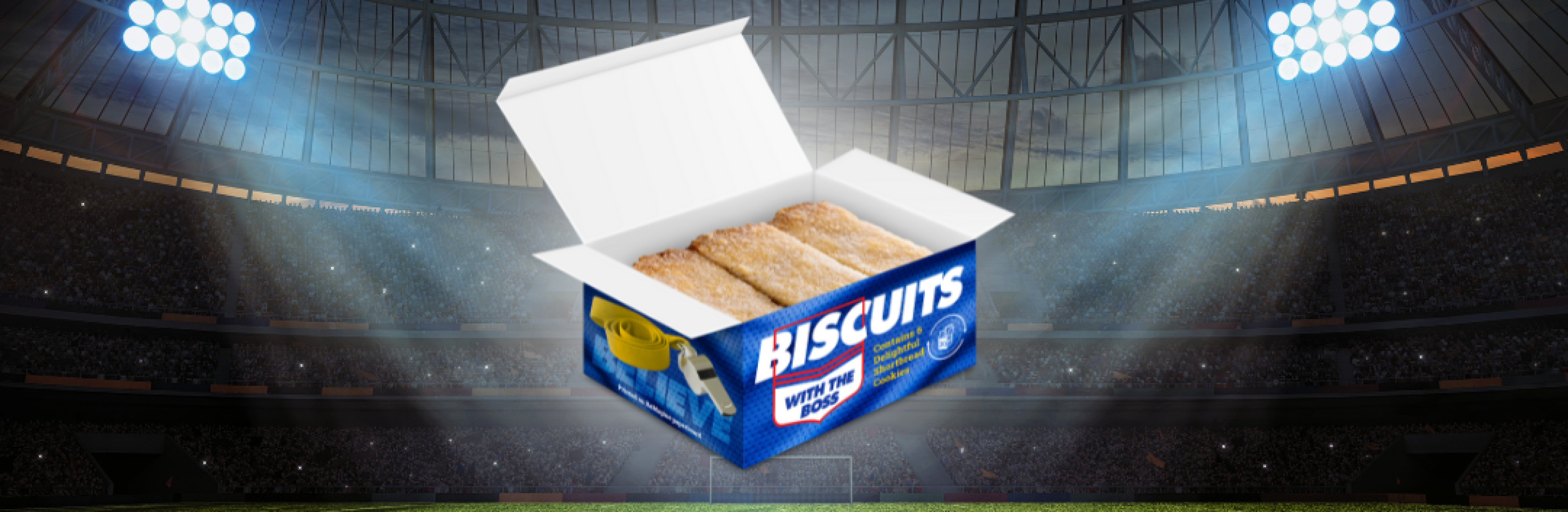 Paperboard biscuit in a soccer stadium with a halo glow