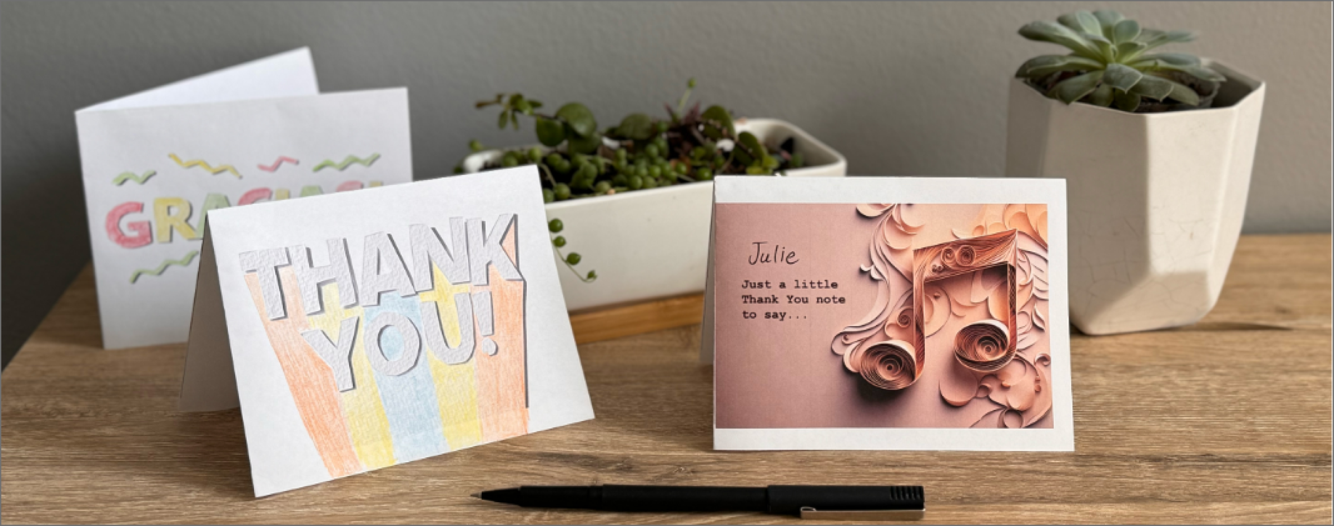 thank you notes and cards displayed on a table